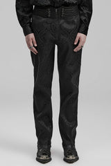 Black Jacquard Floral Print Decal Decoration Men's Gothic Pants - Black - 1