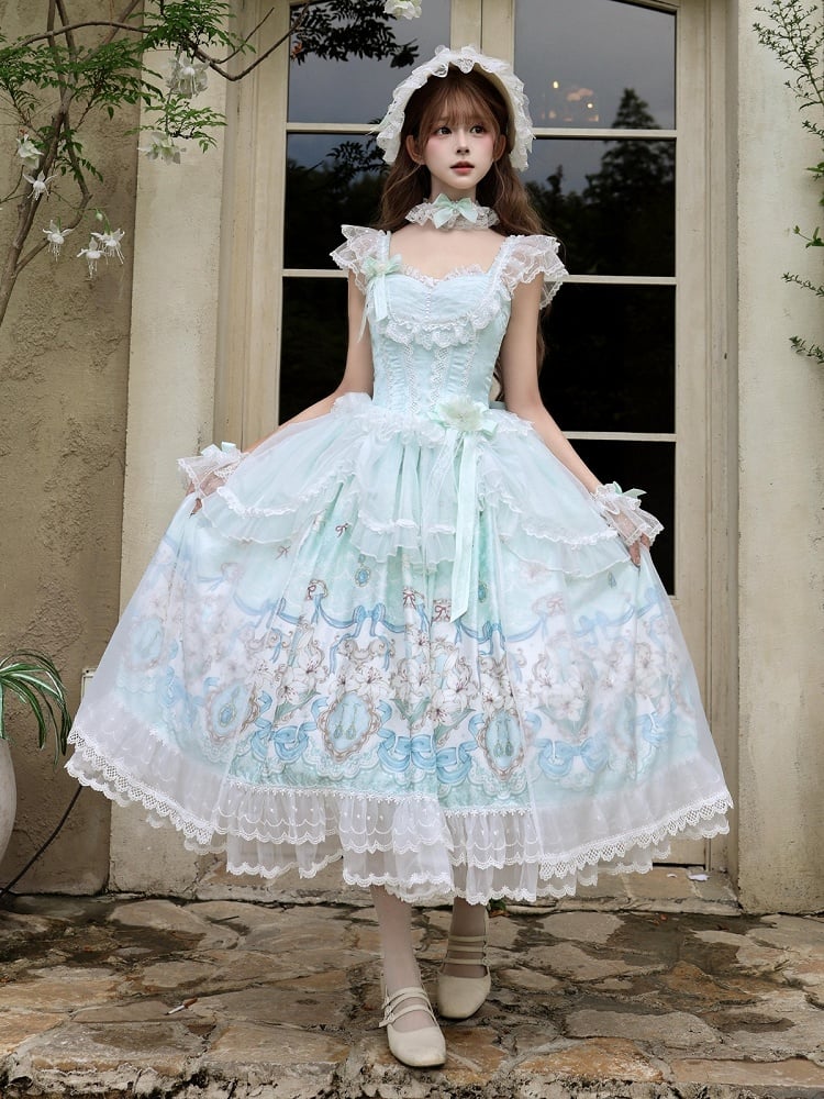 Mint green lily print Lolita gown complete set
