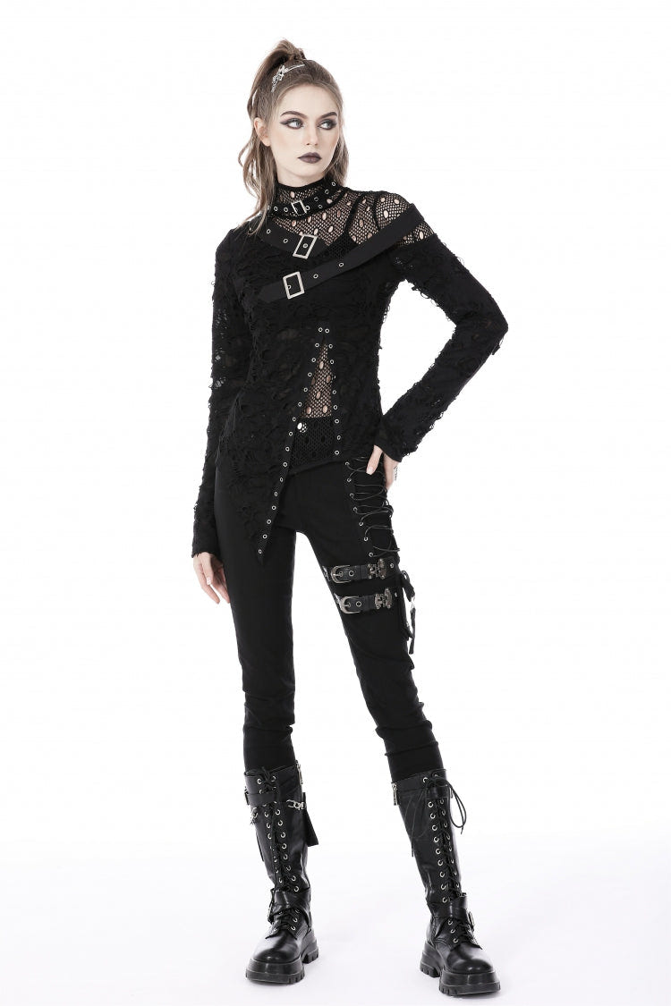 Black Women's Punk Long Sleeves Buckled Asymmetric Ripped Sheer Mesh Splice Top - Black - 1