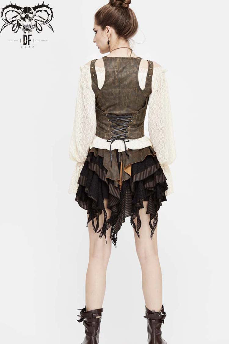 Brown Lace Up Chest Hollow Steel Buckle Rivet Strap Women's Punk Waistcoat - Product - 7