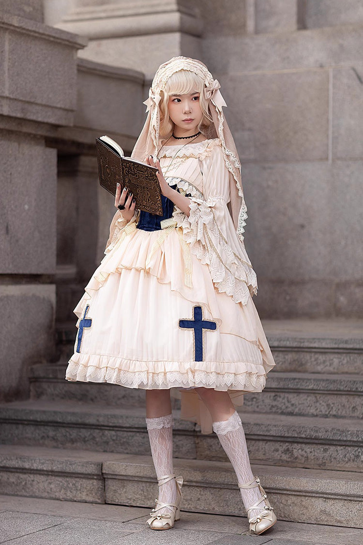 Apricot Eternal Life Song Print Cross Embroidery Sleeveless Ruffle Sweet Lolita Dress - Product - 6