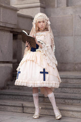 Apricot Eternal Life Song Print Cross Embroidery Sleeveless Ruffle Sweet Lolita Dress - Product - 6