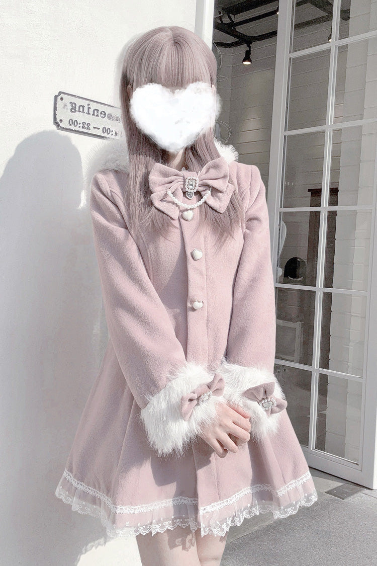 Pink Long Sleeves Bowknot Rabbit Ears Detachable Hooded Japanese Jirai Kei Coat - Product - 6