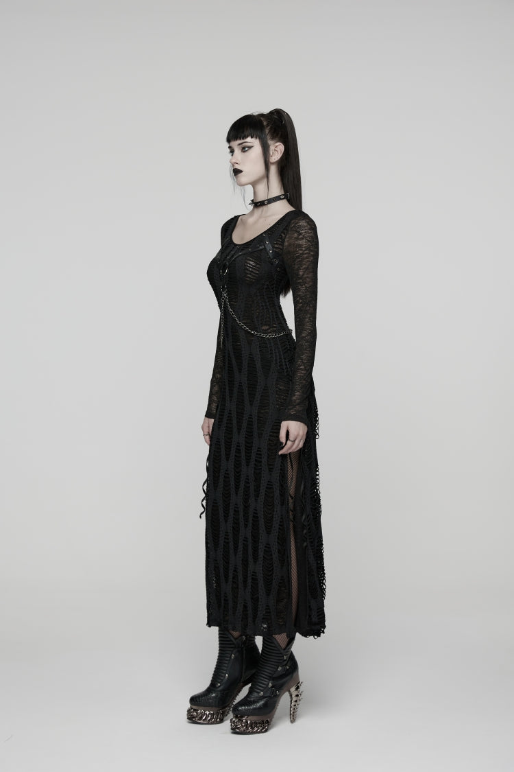 Black Round Collar Long Sleeves Cut-Out Lace-Up Slim Buckled Chain-Decorated Eyelet Women's Punk Cool Dress - Product - 2
