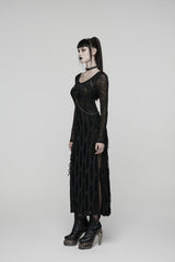 Black Round Collar Long Sleeves Cut-Out Lace-Up Slim Buckled Chain-Decorated Eyelet Women's Punk Cool Dress - Product - 2