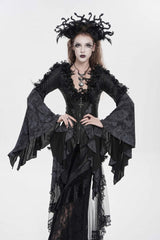 Black V Collar Long Trumpet Sleeves Printed Slim Women's Gothic Rose Feather Gorgeous Blouse - Product - 6