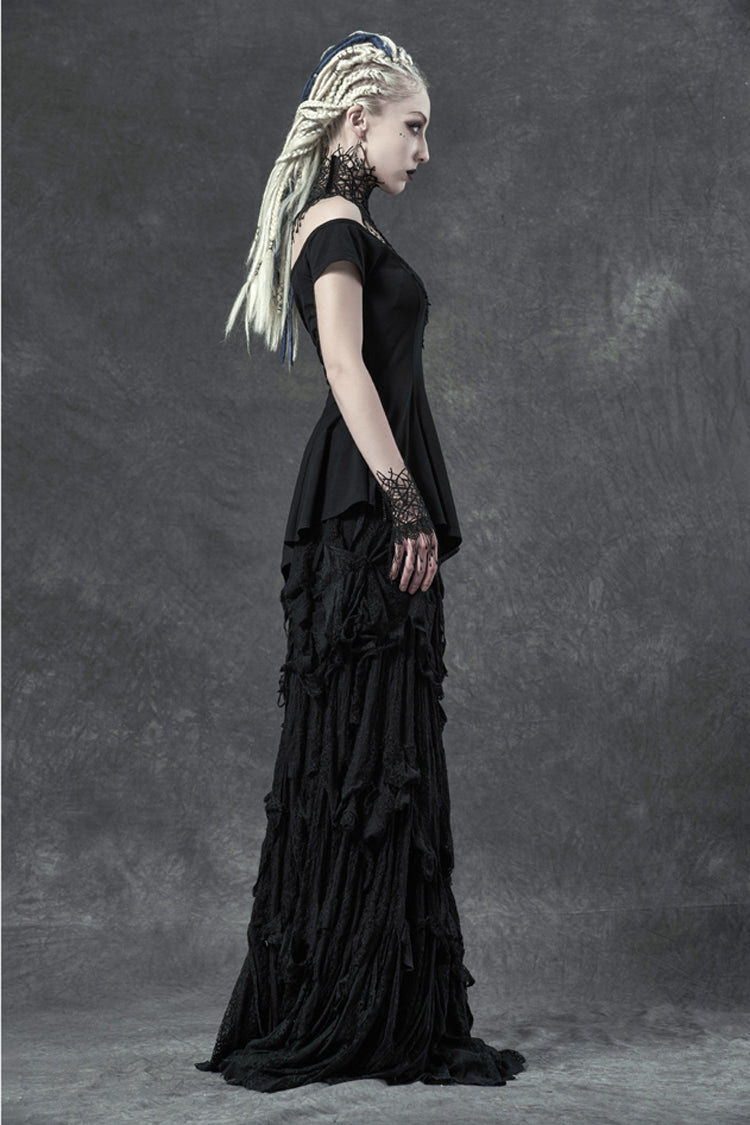 Black Short Sleeve Orizontal Neck Front Chest Lace Embroidery Frill Hem Women's Gothic T-Shirt - Product - 3