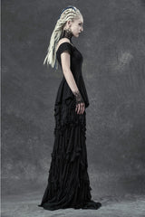 Black Short Sleeve Orizontal Neck Front Chest Lace Embroidery Frill Hem Women's Gothic T-Shirt - Product - 3