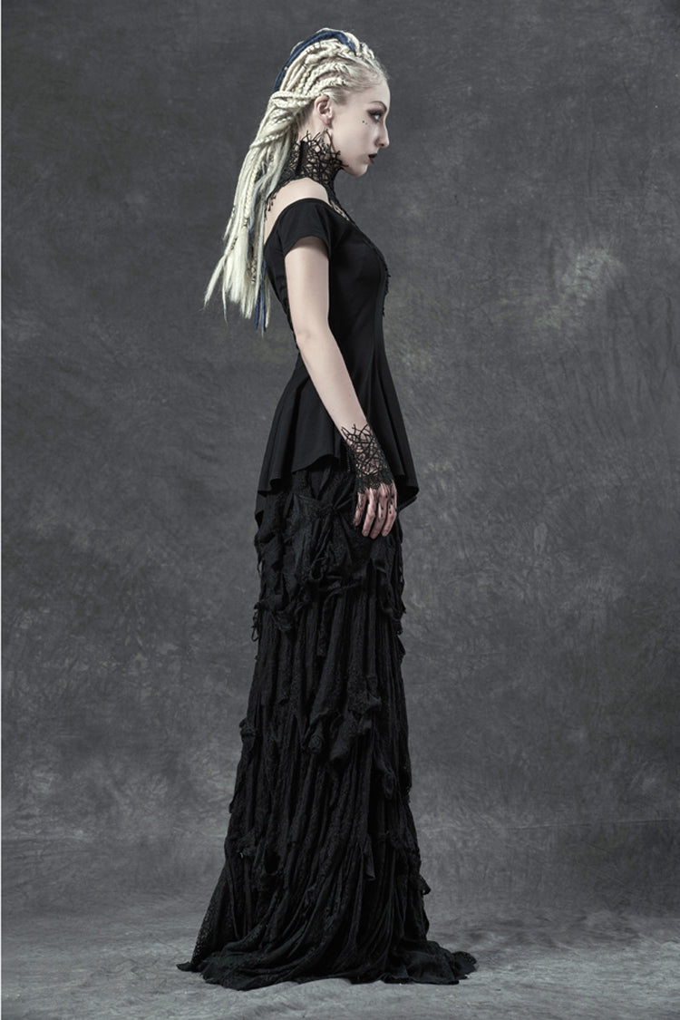 Black Short Sleeve Orizontal Neck Front Chest Lace Embroidery Frill Hem Women's Gothic T-Shirt - Product - 3
