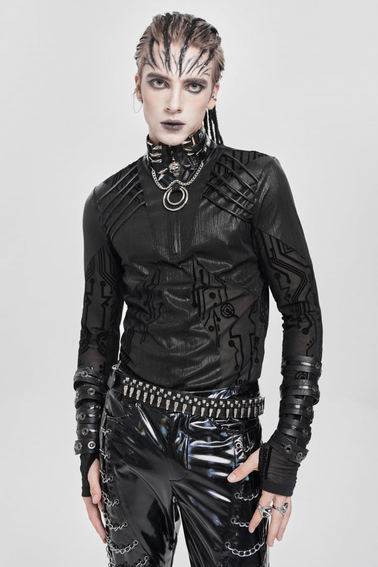 Black Long Sleeves Circuit Board Print Men's Punk Blouse - Black - 1