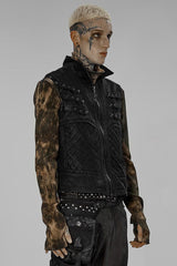 Black Punk Apocalyptic Stand Collar Twill Metal Skull Zip Men's Vest - Product - 2