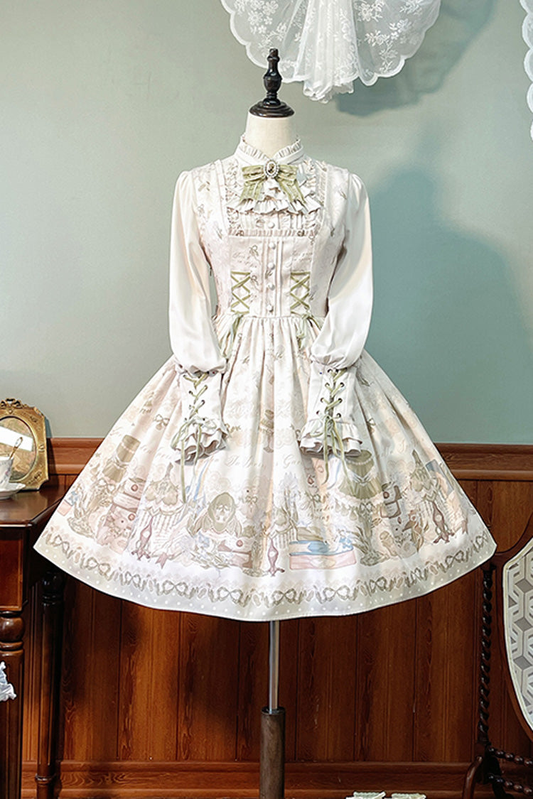 [Iris Study] Square Collar Print Bowknot Lace-Up Sweet Lolita Jumper Dress 2 Colors - Beige - 12