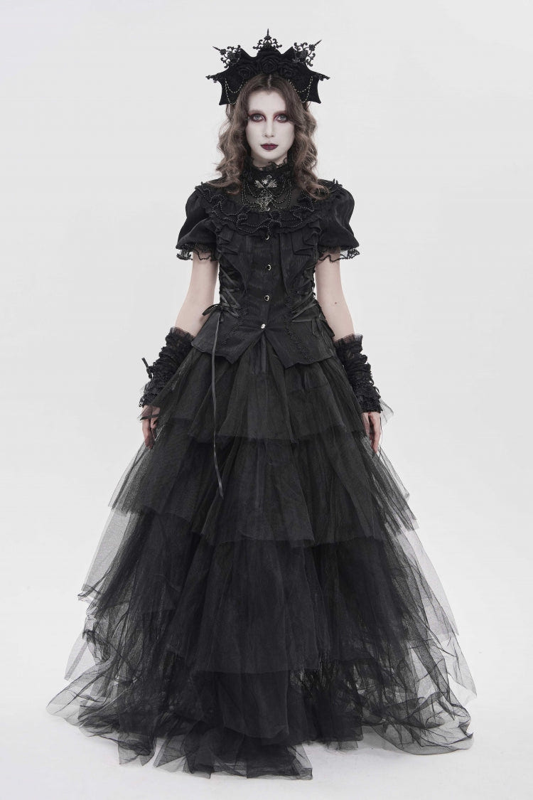 Black Stand Collar Short Sleeves Embroidered Lace Lace-Up Slim Pleated Women's Gothic Palace Blouse - Product - 2