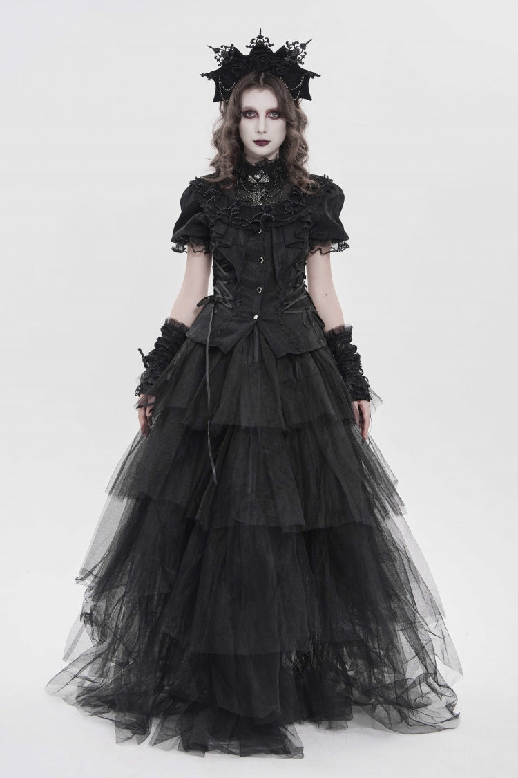 Black Stand Collar Short Sleeves Embroidered Lace Lace-Up Slim Pleated Women's Gothic Palace Blouse - Product - 2
