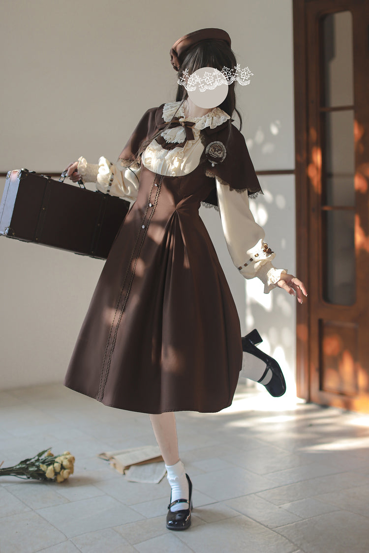 Brown/White [Sunset Academy] Long Sleeves Ruffle Bowknot Fake Two Pieces Vintage College Style Elegant Lolita Dress - Product - 3