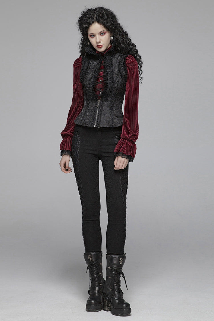Black Stand Collar Sleeveless Floral Embroidery Lace Mesh Women's Gothic Waistcoat - Product - 4