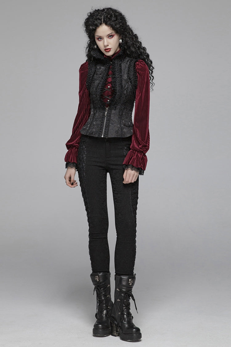 Black Stand Collar Sleeveless Floral Embroidery Lace Mesh Women's Gothic Waistcoat - Product - 4