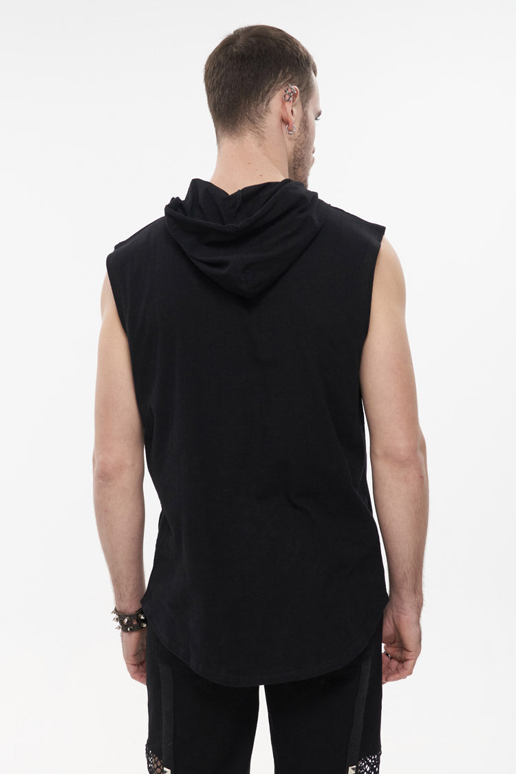 Black Knit Irregular Simple Versatile Sleeveless Hooded Men's Punk Tank Top - Product - 2