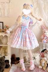 [Sweetheart Bunny Bear] Lapel Collar Long Sleeves Print Ruffle Bowknot Sweet Lolita Dress 3 Colors - Pink - 1