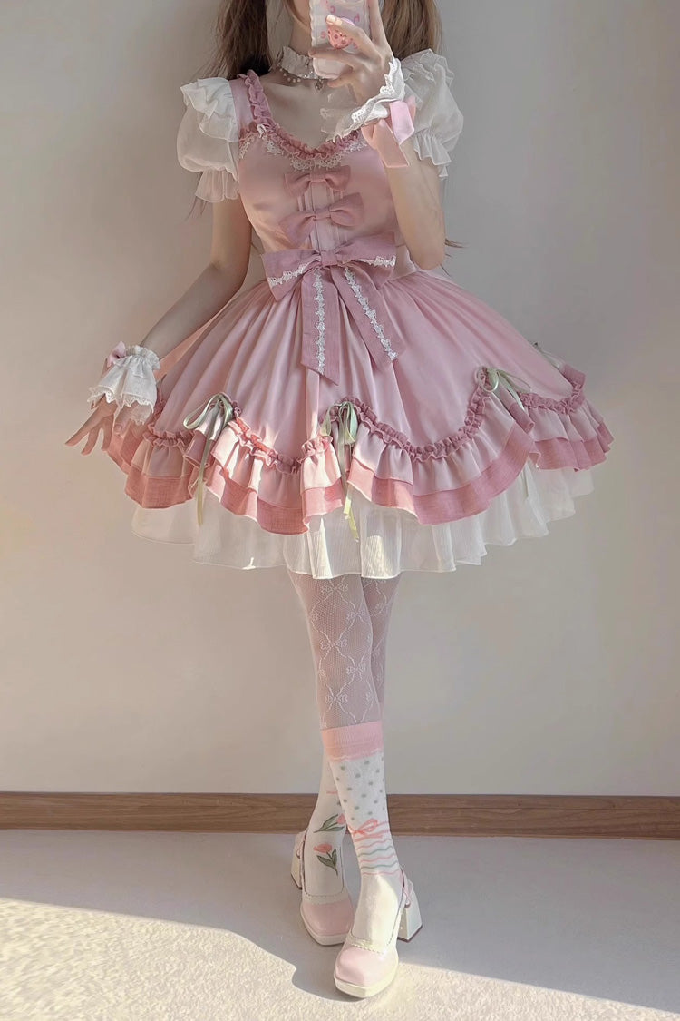 White/Pink Short Sleeves Ruffle Bowknot Princess Sweet Lolita OP Dress - Product - 2
