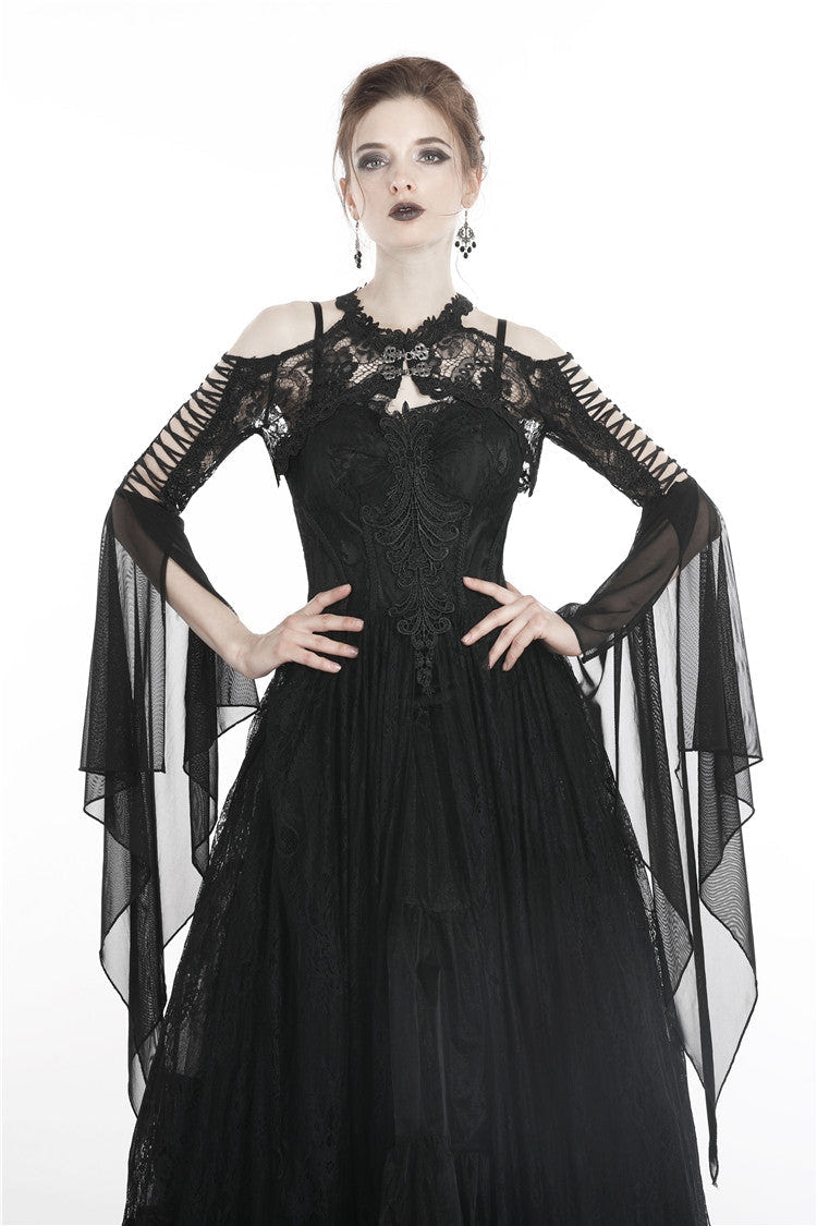 Black Off Shoulder Sheer Lace Long Trumpet Chiffon Sleeves Cut-Out Women's Gothic Capelet - Product - 8