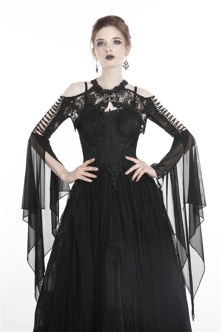 Black Off Shoulder Sheer Lace Long Trumpet Chiffon Sleeves Cut-Out Women's Gothic Capelet - Product - 8