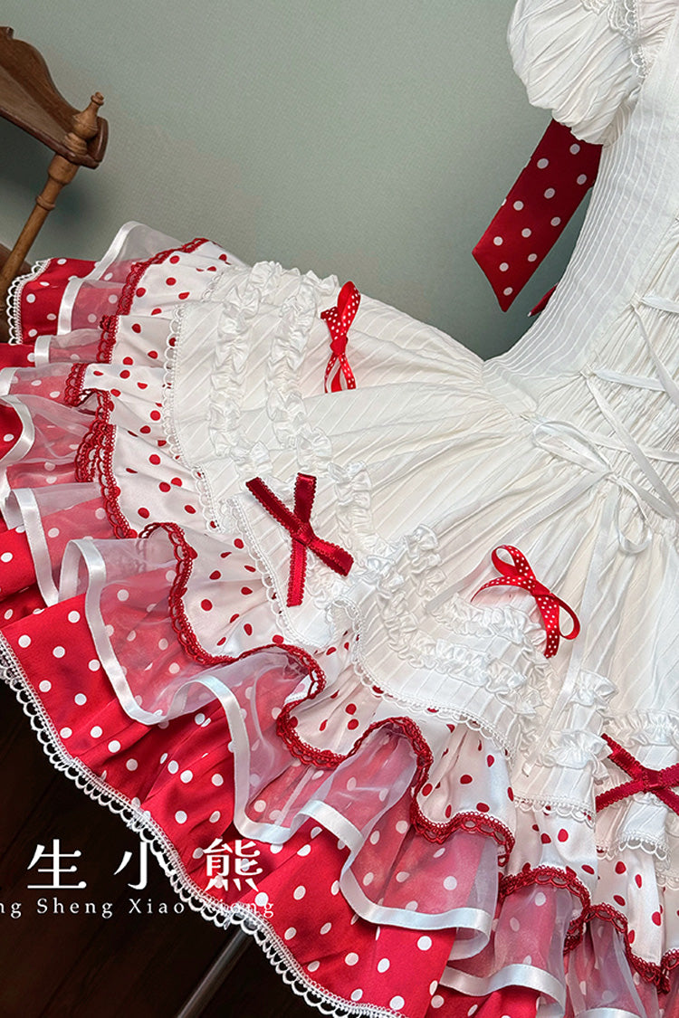 Red/White Twin Bears Sleeveless Triple-Layered Print Ruffle Bowknot Lace Sweet (Dress Only) detail view 11