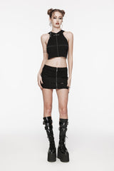 Black Patchwork Slim Fit Mesh Zippered Eyelet Women's Punk Cool Skirt - Product - 4