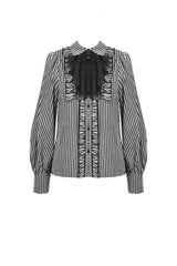 Black/White Skull Lace Jabot Striped Lapel Collar Long Sleeves Ruffled Women's Lolita Gothic Blouse - Product - 3