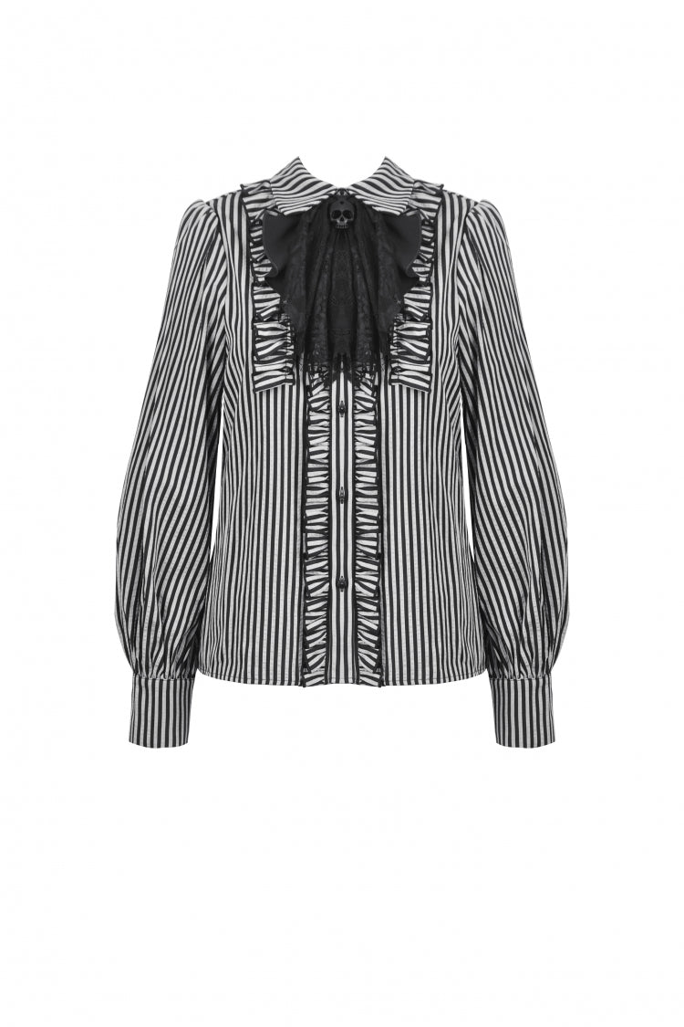 Black/White Skull Lace Jabot Striped Lapel Collar Long Sleeves Ruffled Women's Lolita Gothic Blouse - Product - 3