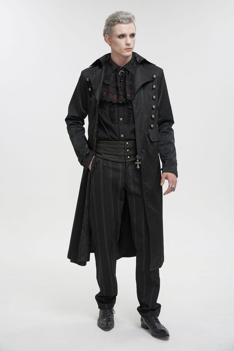 Black Lapel Collar Double Breasted Metal Cross Zip Men's Gothic Long Coat - Product - 2