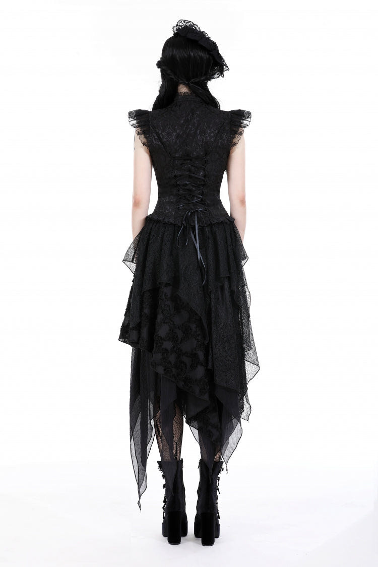 Black Women's Gothic Punk Multi-Layered Irregular Handkerchief Hem Lace Skirt - Product - 4