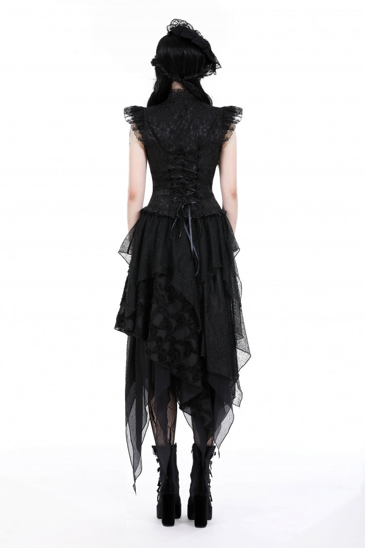 Black Women's Gothic Punk Multi-Layered Irregular Handkerchief Hem Lace Skirt - Product - 4