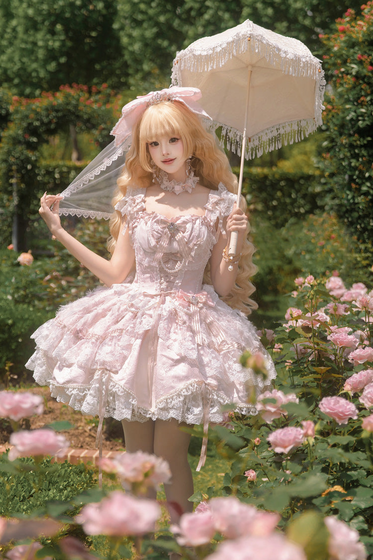 Pink [Anna’s Ball] Square Collar Ruffled Hanayome Bow Lace Sweet Princess Ballet Lolita Jsk Dress - Product - 7