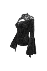 Black Lace Cutout Round Collar Flared Sleeved Floral Embossed Women's Gothic Shirt - Product - 10