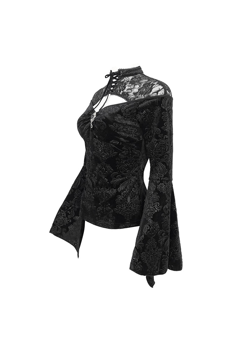 Black Lace Cutout Round Collar Flared Sleeved Floral Embossed Women's Gothic Shirt - Product - 10