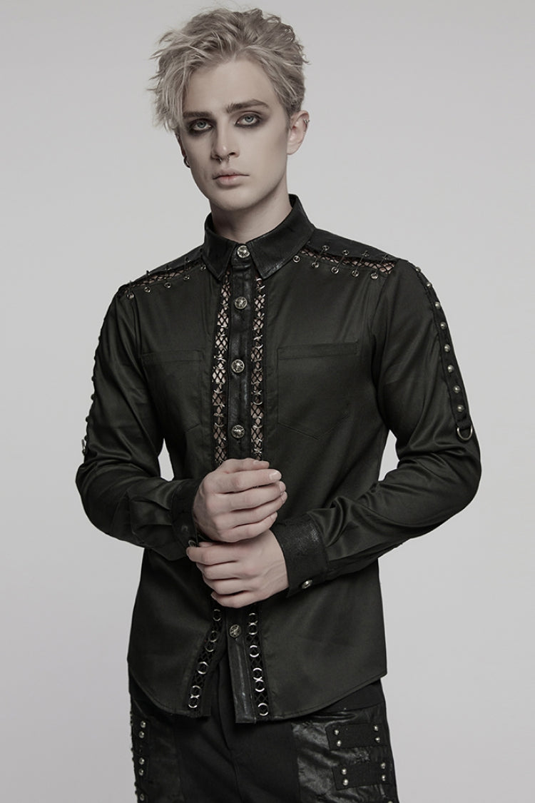 Black Lapel Collar Long Sleeves Stitching Mesh Men's Punk Blouse - Product - 2