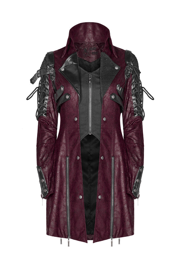 Red Metal Buckle Decoration Zipper Mens Steampunk Windbreaker Coat - Product - 8