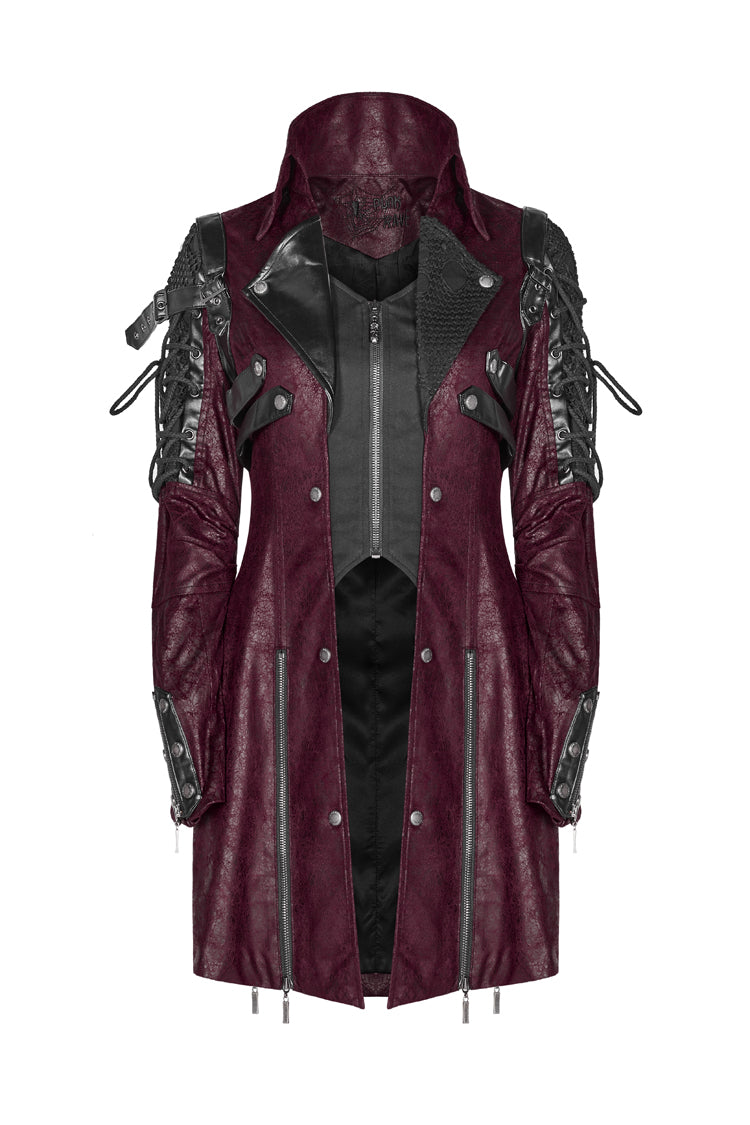 Red Metal Buckle Decoration Zipper Mens Steampunk Windbreaker Coat - Product - 8