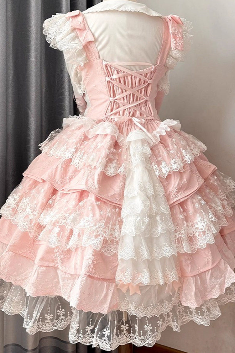 Pink [Ten Miles of Peach Blossoms] Sleeveless Multi-Layered Ruffle Embroidery Cardigan Bowknot Lace Pearl Sweet Gorgeous Lolita Jsk Dress - Product - 7