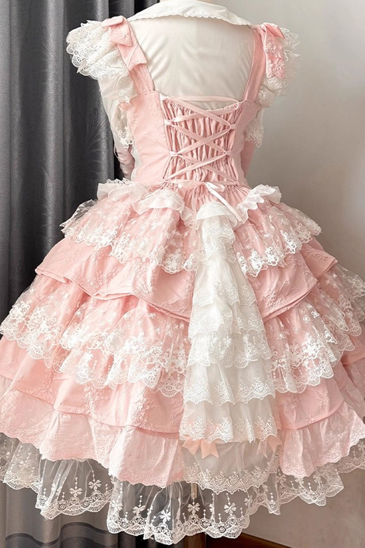 Pink [Ten Miles of Peach Blossoms] Sleeveless Multi-Layered Ruffle Embroidery Cardigan Bowknot Lace Pearl Sweet Gorgeous Lolita Jsk Dress - Product - 7