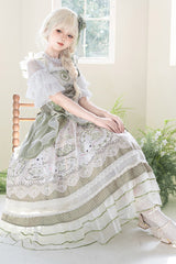 Green [Teacup Rabbit] Multi-Layered Print Ruffle Embroidery Bowknot Lace Asymmetric Sweet Elegant Lolita Jsk Dress - Product - 13