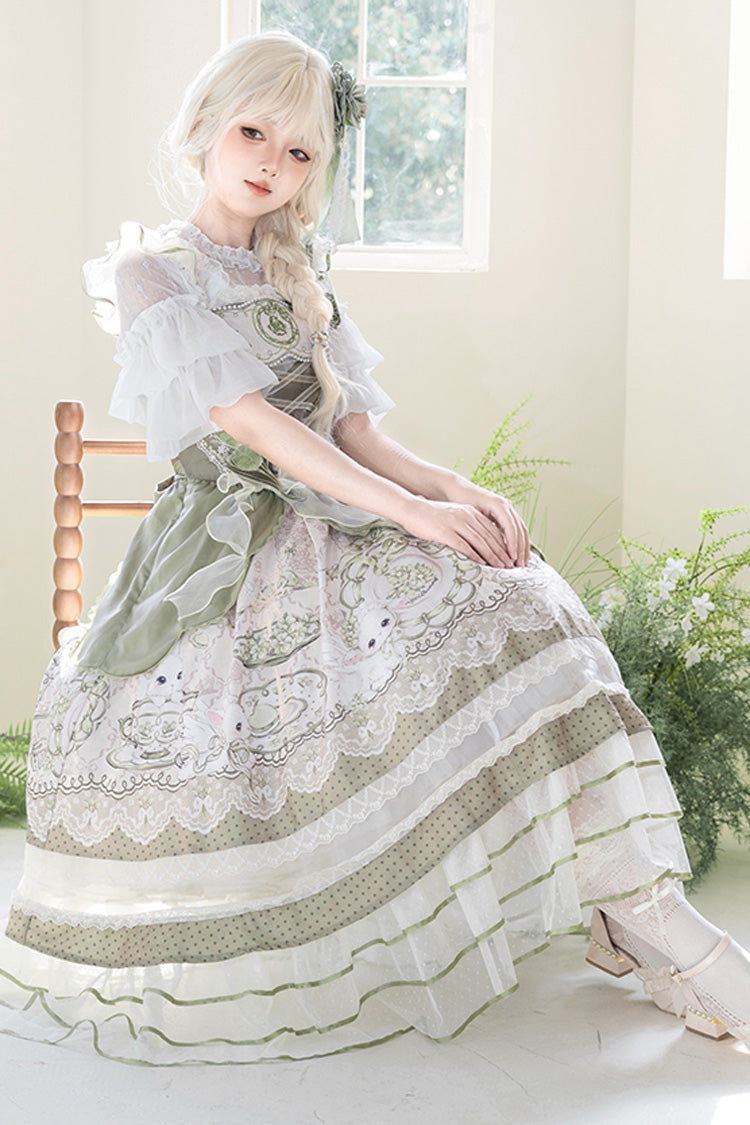 Green [Teacup Rabbit] Multi-Layered Print Ruffle Embroidery Bowknot Lace Asymmetric Sweet Elegant Lolita Jsk Dress - Product - 13