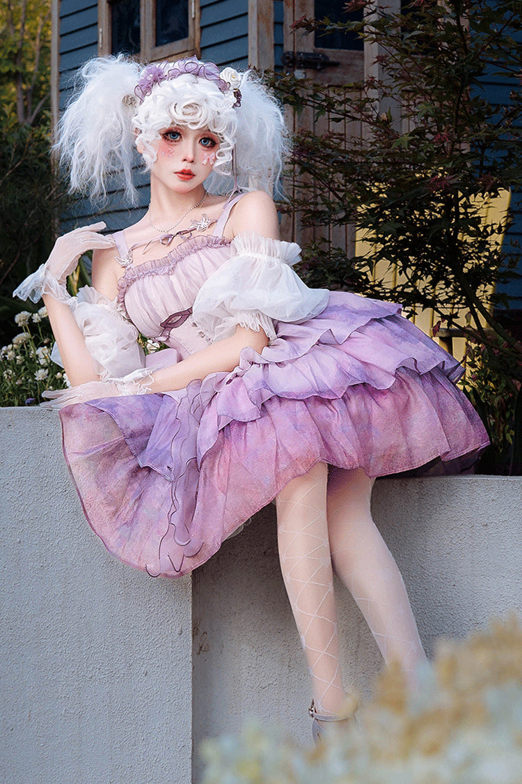 Purple Gradient The Forty-Fourth Sunset Oil Painting Triple-Layered Ruffle Bowknot Sweet Lolita Jsk Dress - Product - 4