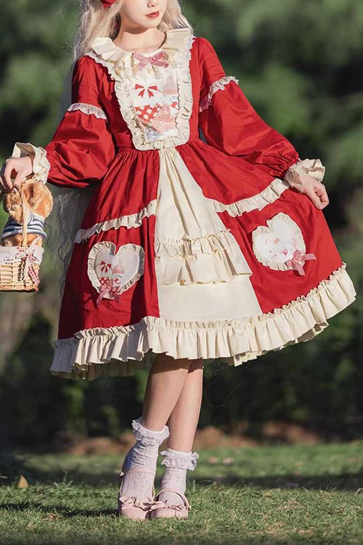 Red Cider House Long Sleeves Print Ruffle Cardigan Bowknot Sweet Lolita Dress - Red - 1