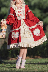 Red Cider House Long Sleeves Print Ruffle Cardigan Bowknot Sweet Lolita Dress - Red - 1