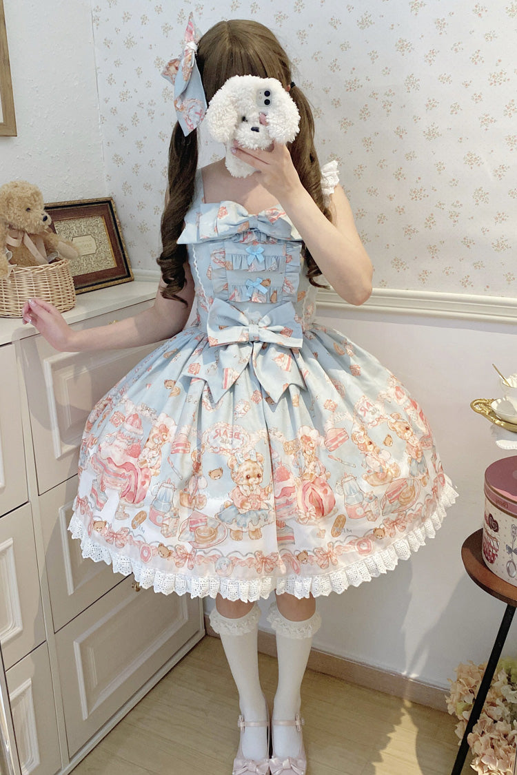 [Berry Dessert Bear] Printed Square Collar Sleeveless Ruffled Bow Casual Sweet Lolita Jsk Dress 2 Colors (Blue, Pink ) - Product - 7