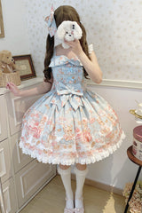 [Berry Dessert Bear] Printed Square Collar Sleeveless Ruffled Bow Casual Sweet Lolita Jsk Dress 2 Colors (Blue, Pink ) - Product - 7