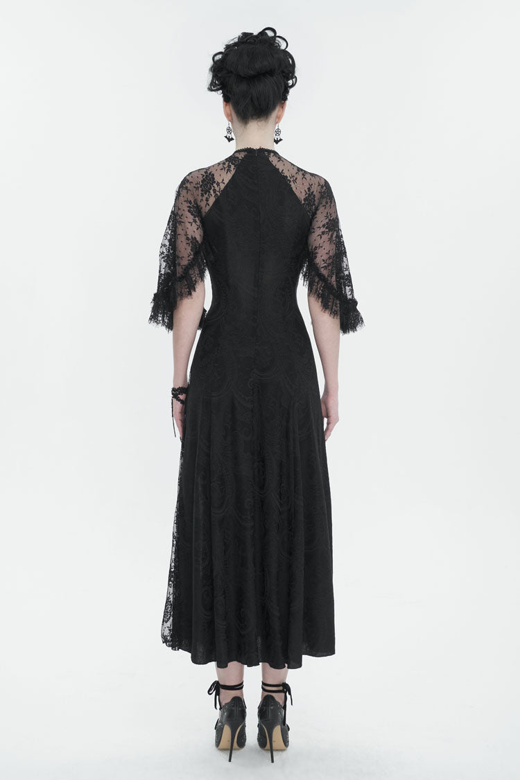 Black Stretch Printed Knit Panel Lace High Slit Asymmetric Women's Gothic Dress - Product - 4