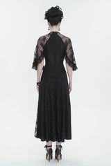 Black Stretch Printed Knit Panel Lace High Slit Asymmetric Women's Gothic Dress - Product - 4